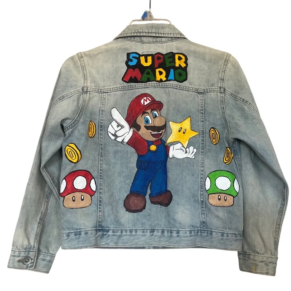 The Childrens Place Boys Super Mario Custom Hand Painted Denim Jacket Size M 7/8